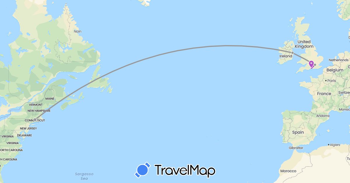 TravelMap itinerary: driving, plane, train in United Kingdom, Ireland, United States (Europe, North America)